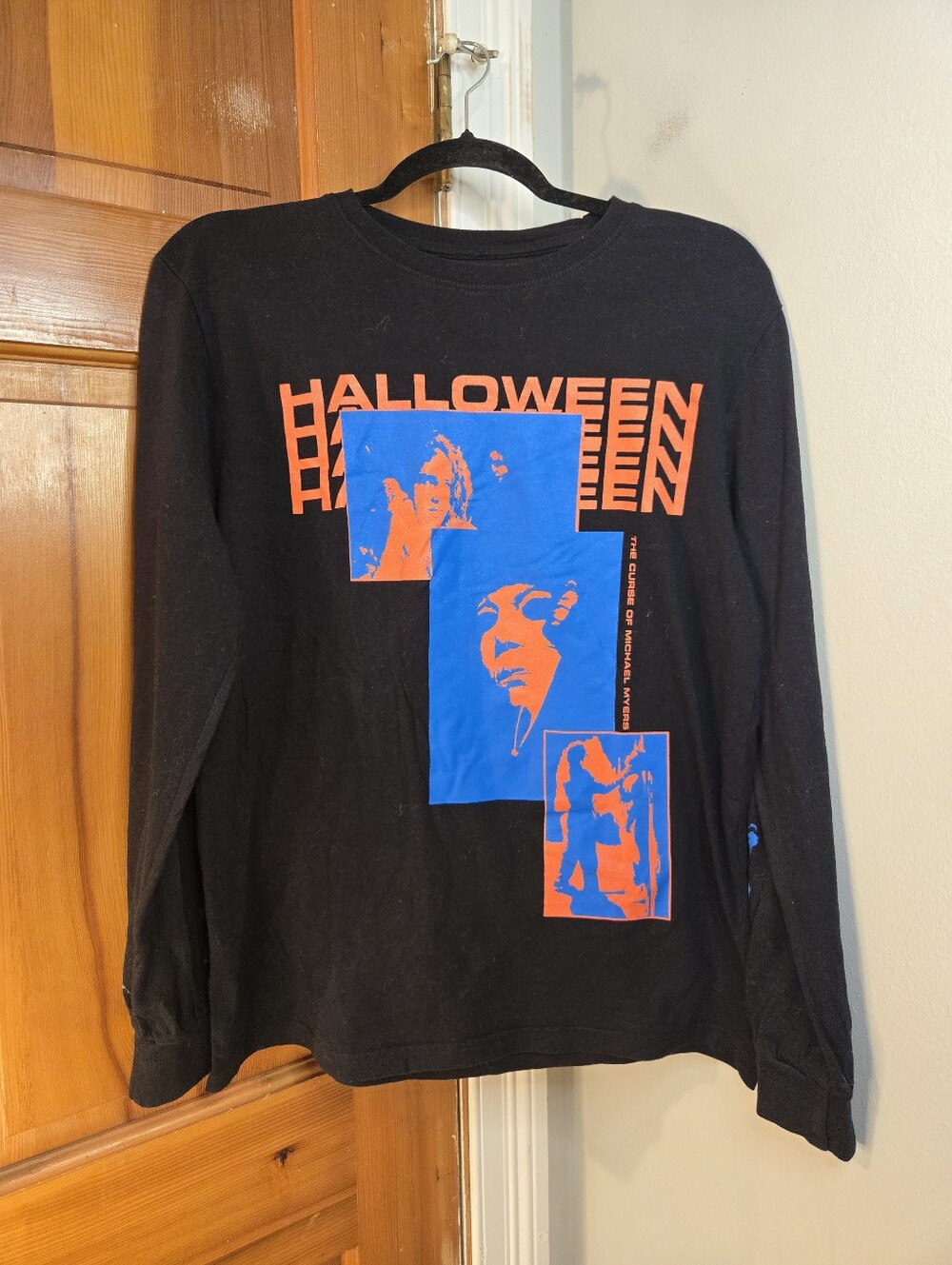 Halloween Michael Myers Graphic Long Sleeve Tee - Black, Blue & Orange